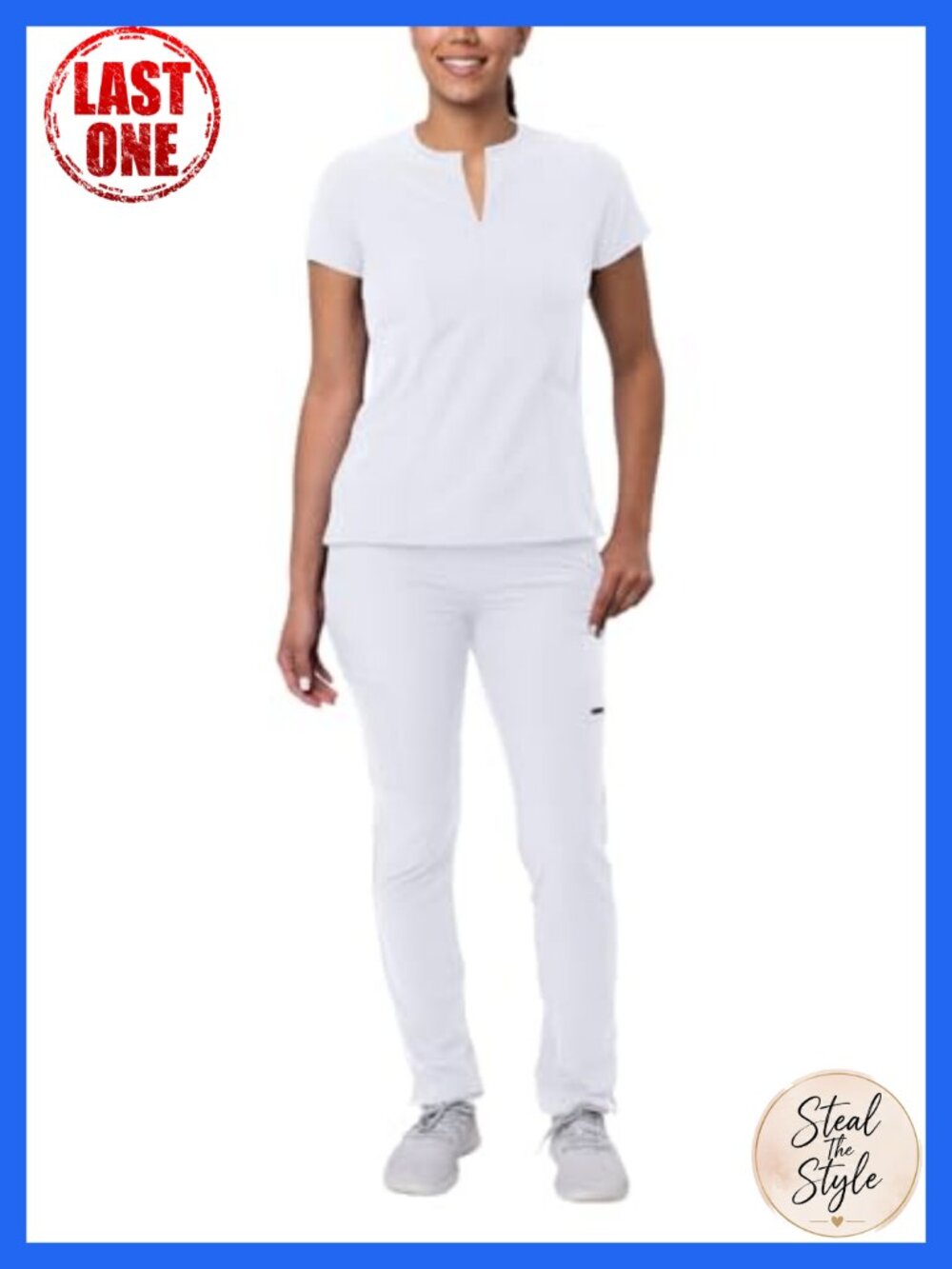 Womens Scrub Set Notched V-Neck Top Skinny Cargo Pants Medical Uniform